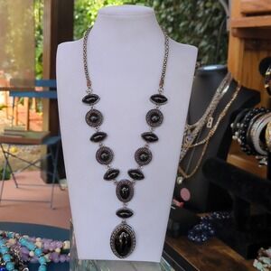 Silver Tone Black Stone Y Drop Pendant Boho Necklace